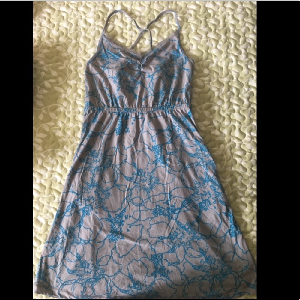 SO gray blue floral halter lace trim mini dress